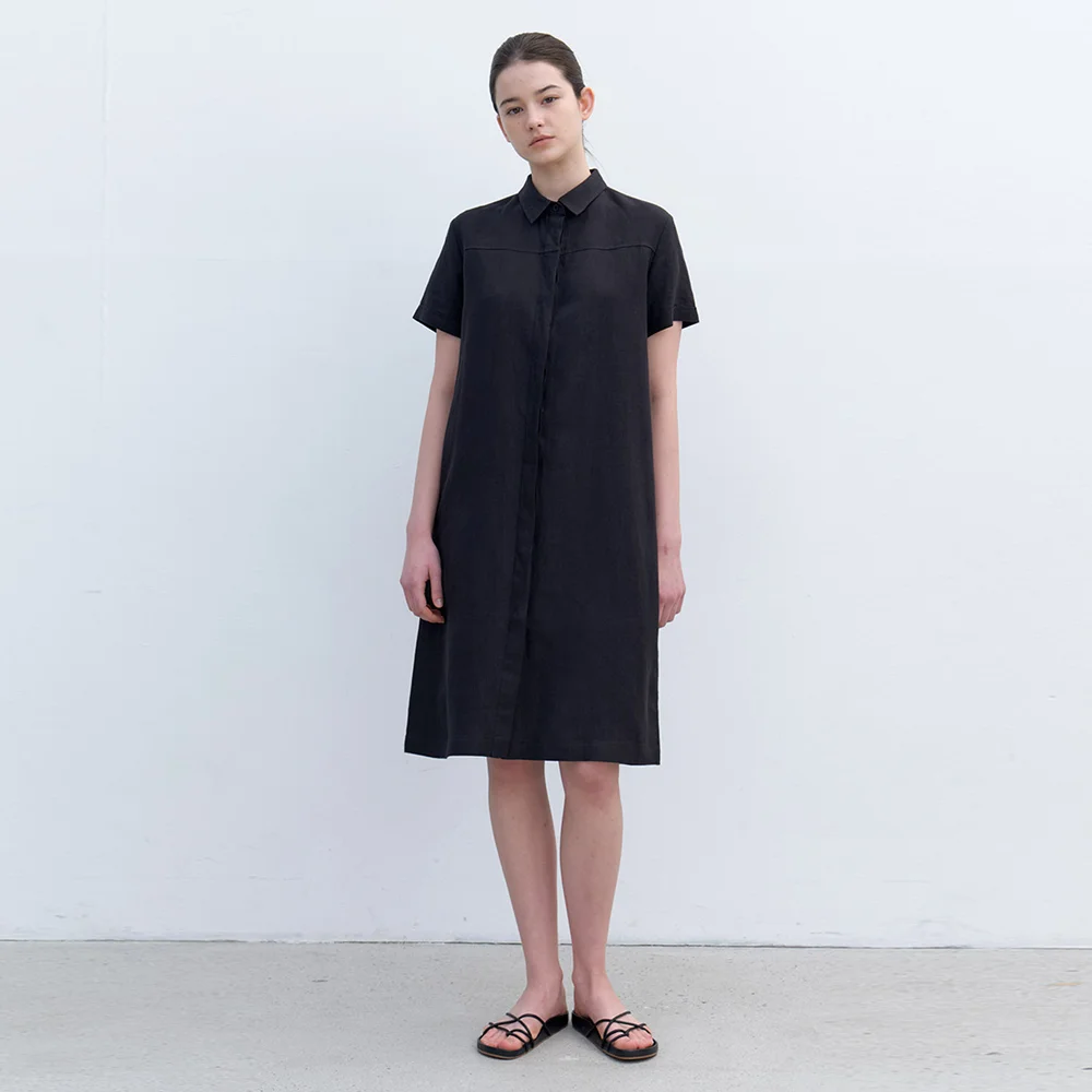 linen hidden button dress-black