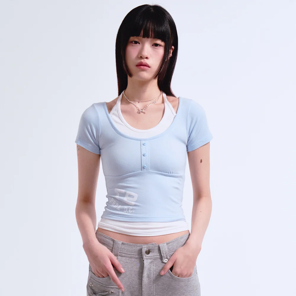 SHIRRING HALTERNECK LAYERED TEE SKY BLUE