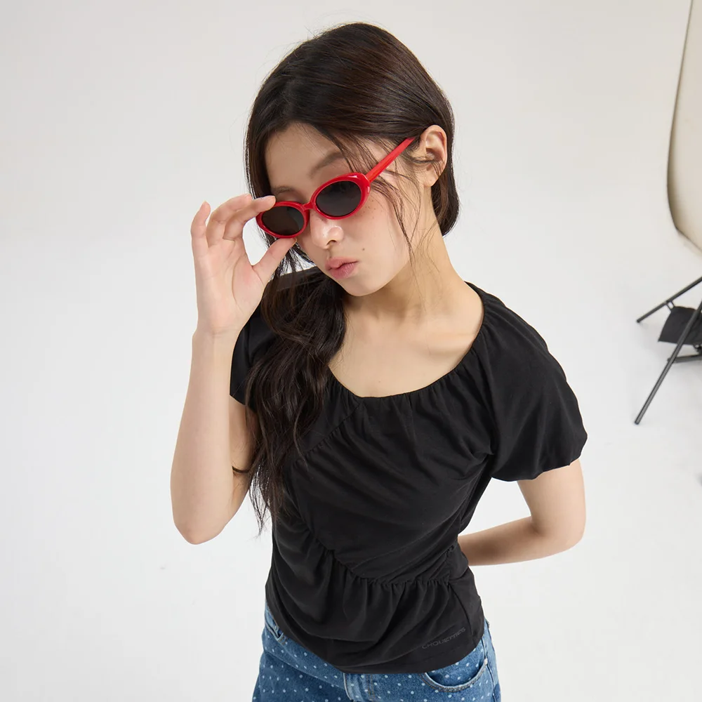 Chouetties by LUCKY CHOUETTE Shirring Detail Short Sleeve T-Shirt (black) LATAX26450BKX