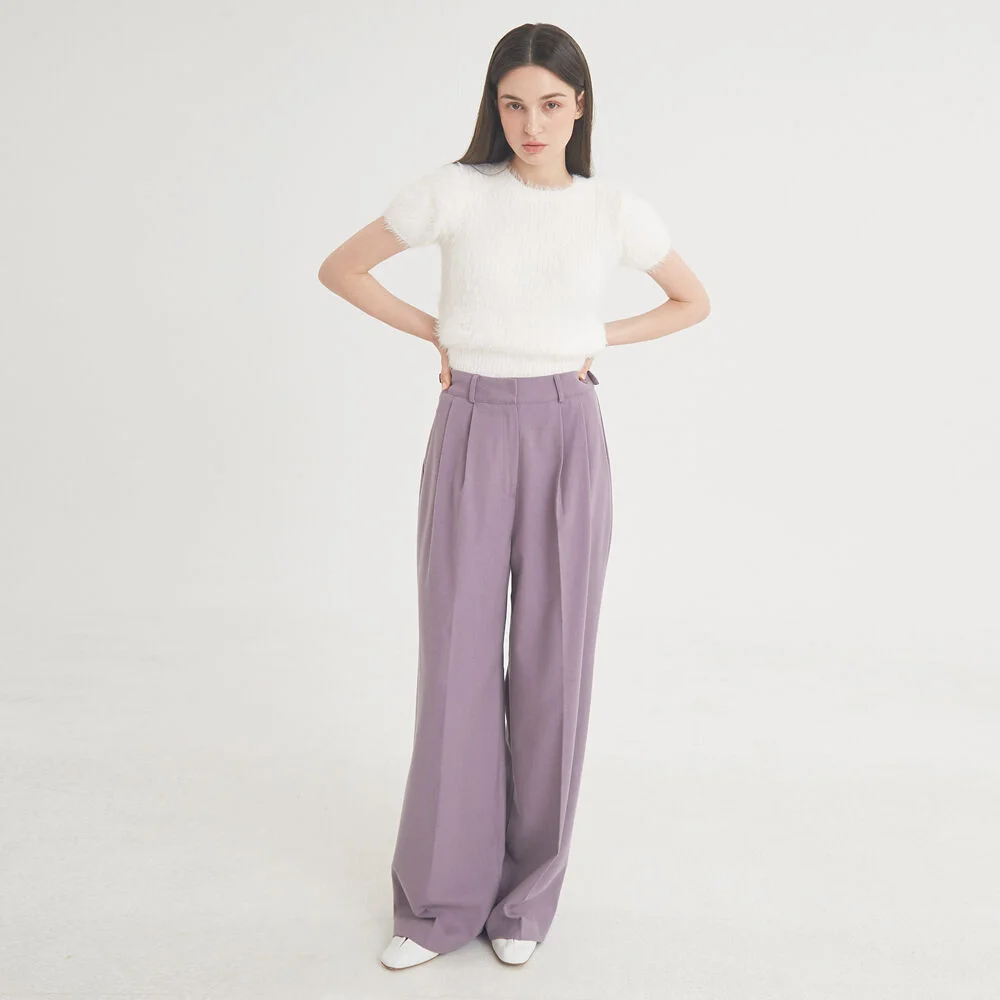Two-Tuck Button Wide Wool Pants (Violet)