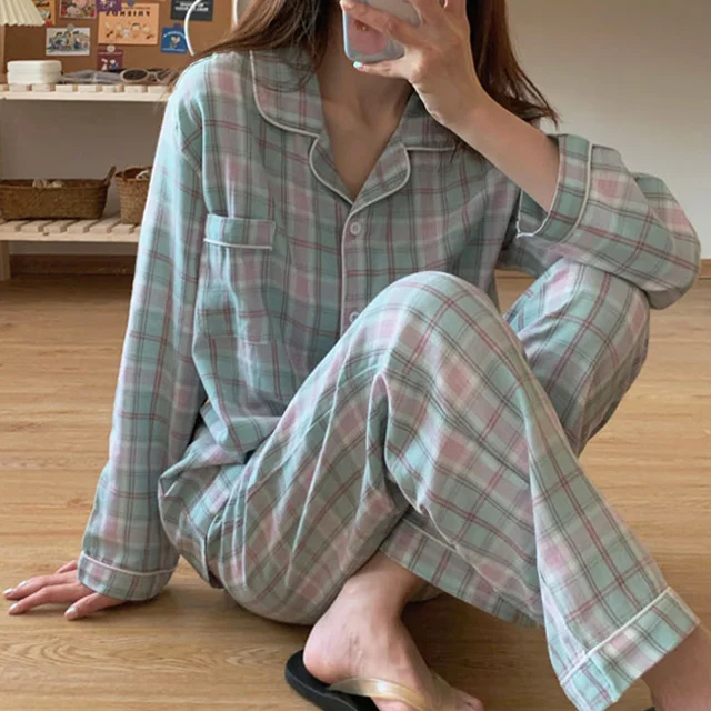 春季格紋 睡衣套裝(薄荷色) 睡衣 家居服
