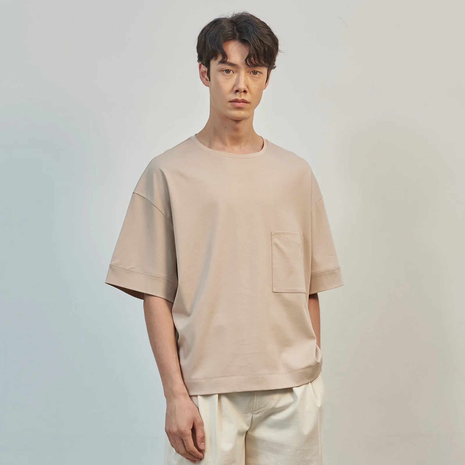 線條 標誌款 超大版型 絲光棉 T恤(Peach Beige)