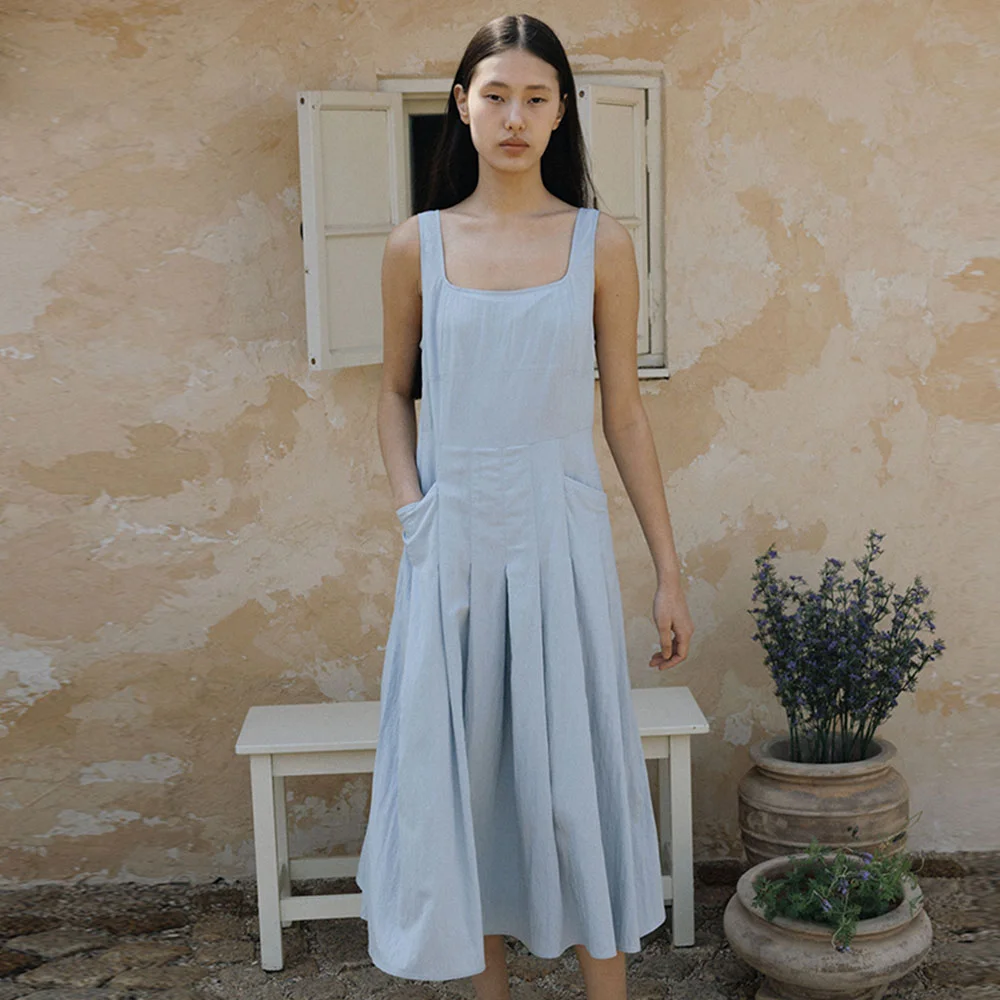Pocket Pleated Dress(Light Blue)