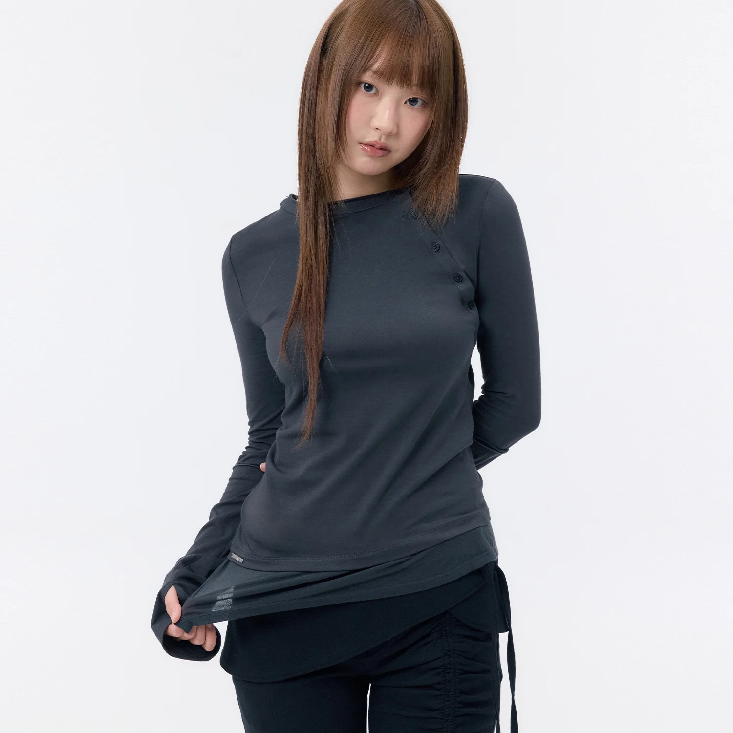 Slash button layered long sleeve CHARCOAL