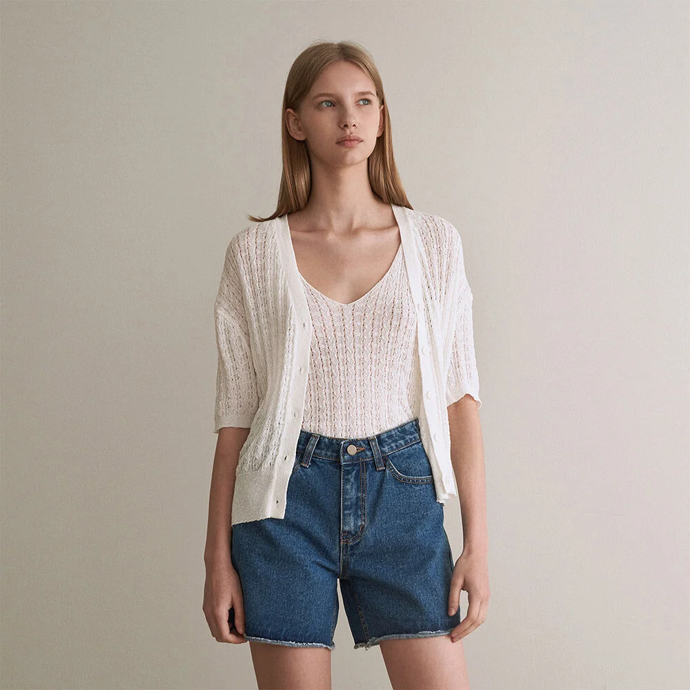 Twist half sleeve knit cardigan - ivory