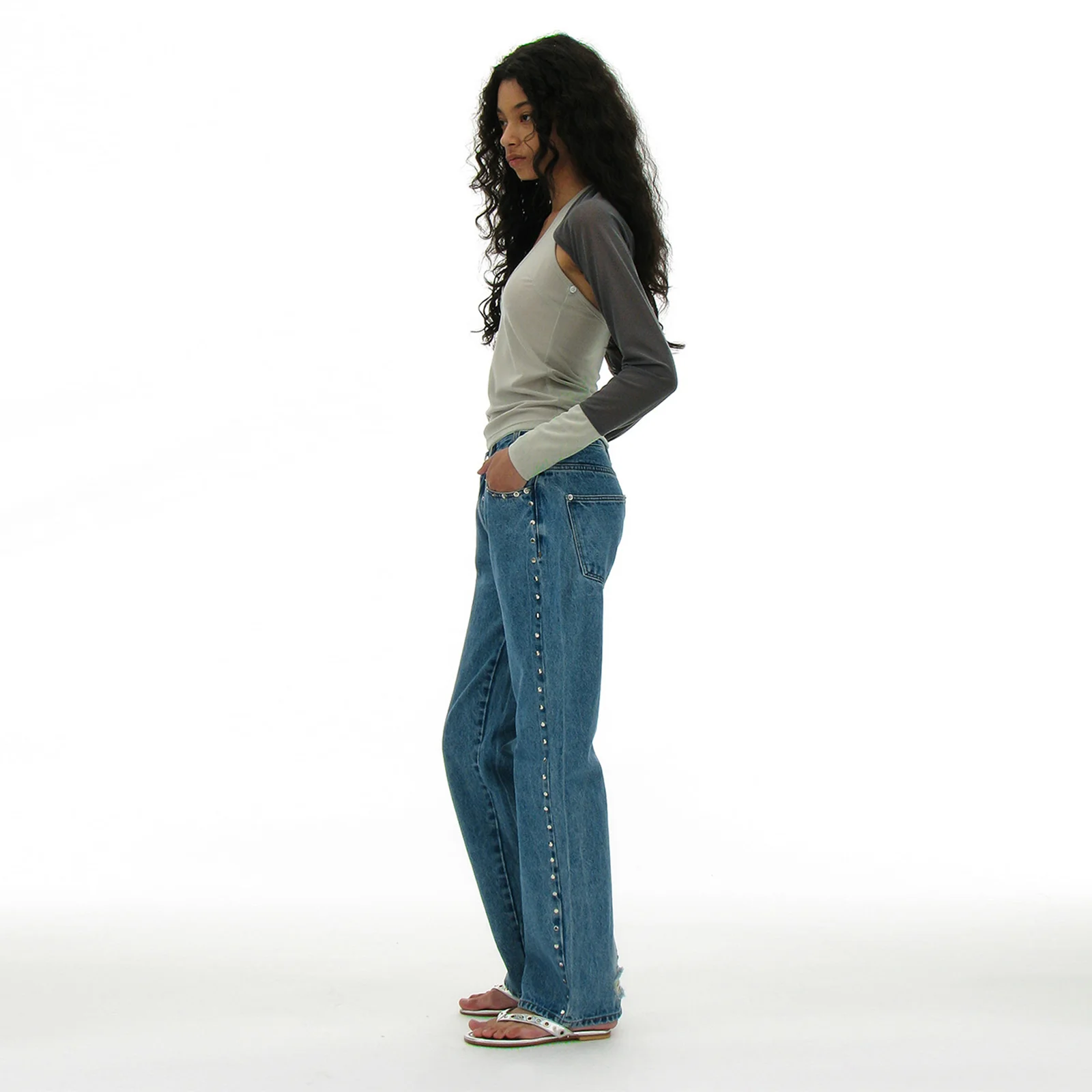 STUD POINTED JEANS_MID BLUE