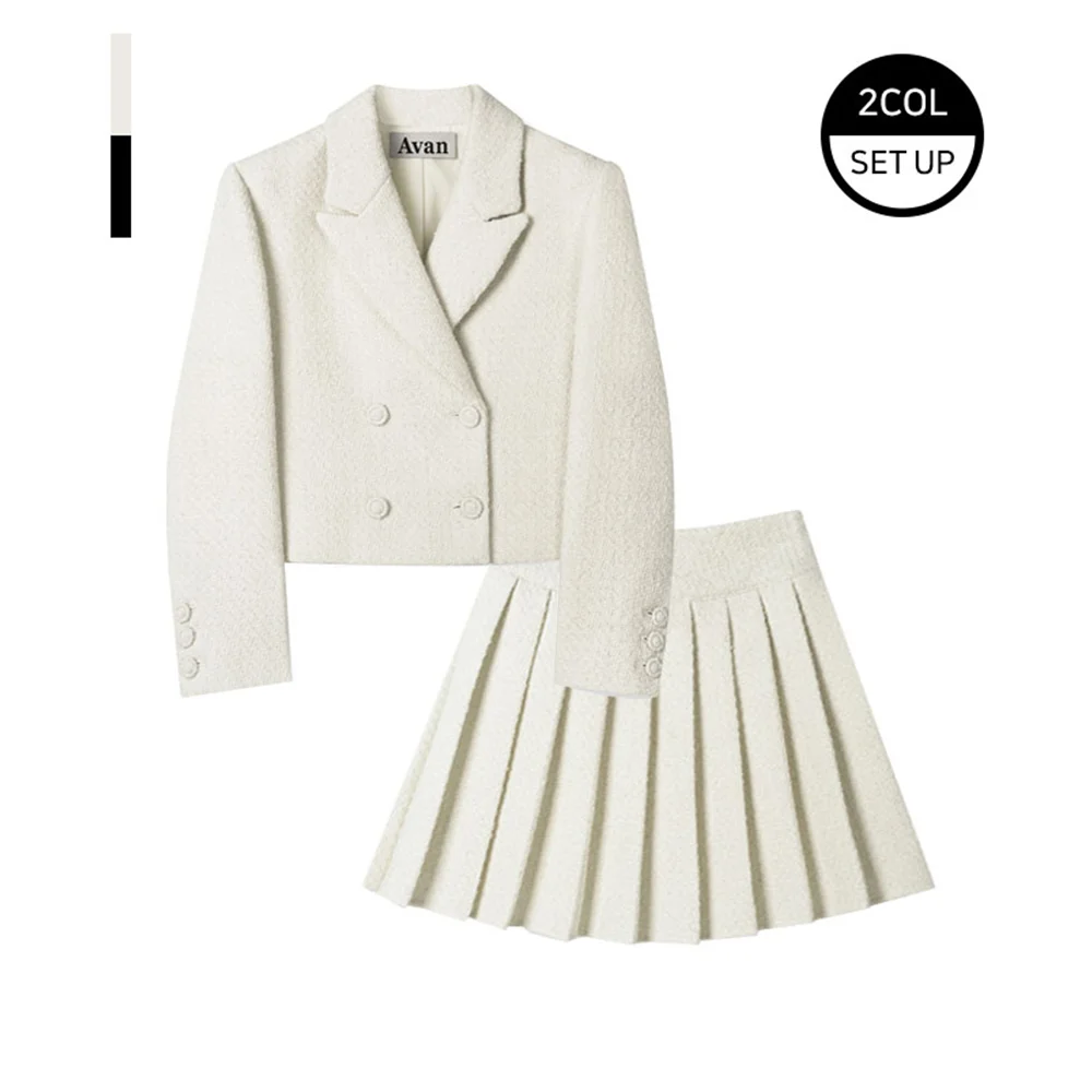 Daphne Tweed Double Button Crop Jacket & Pleated Skirt
