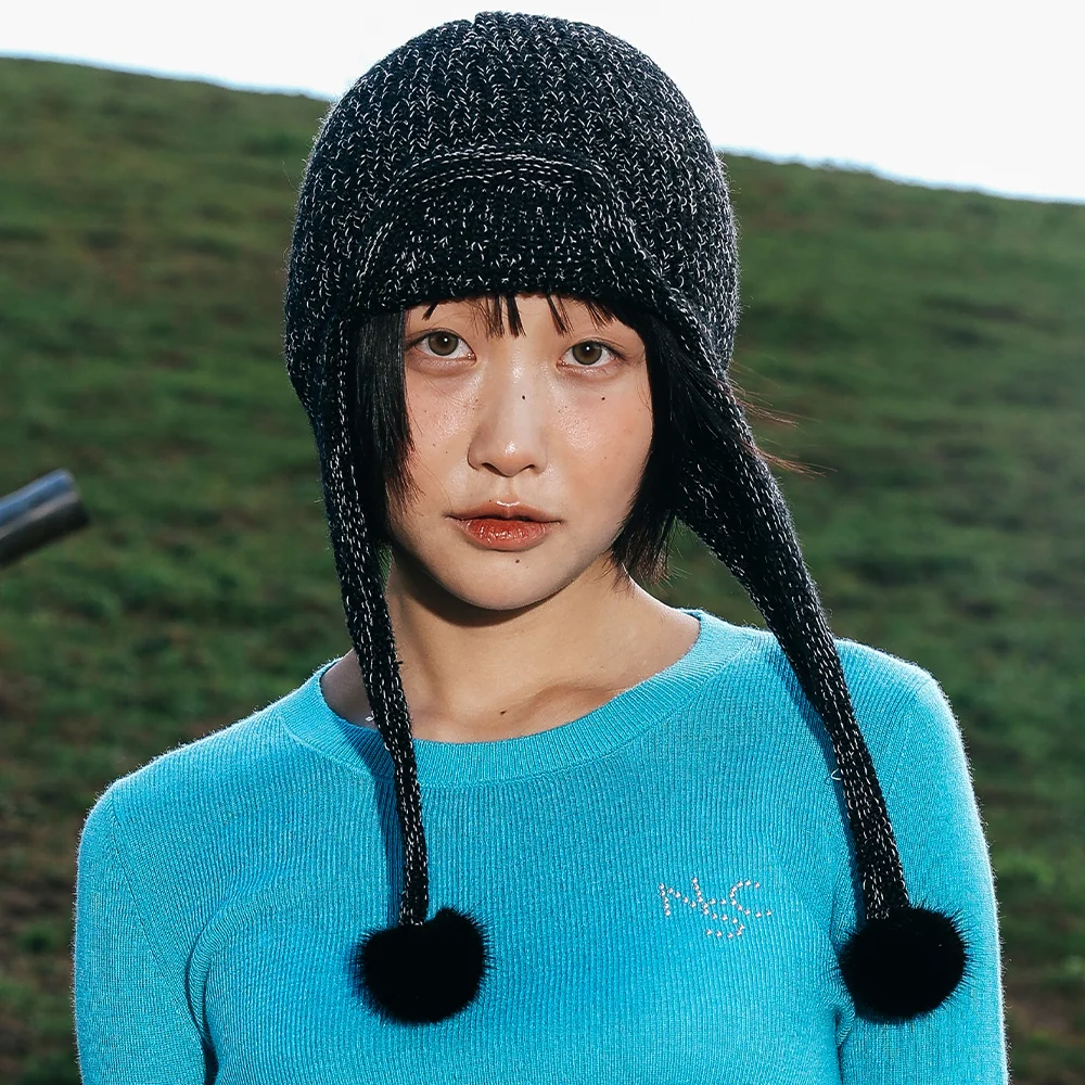 Pom Pom 針織衫 Trooper 帽 (Black)