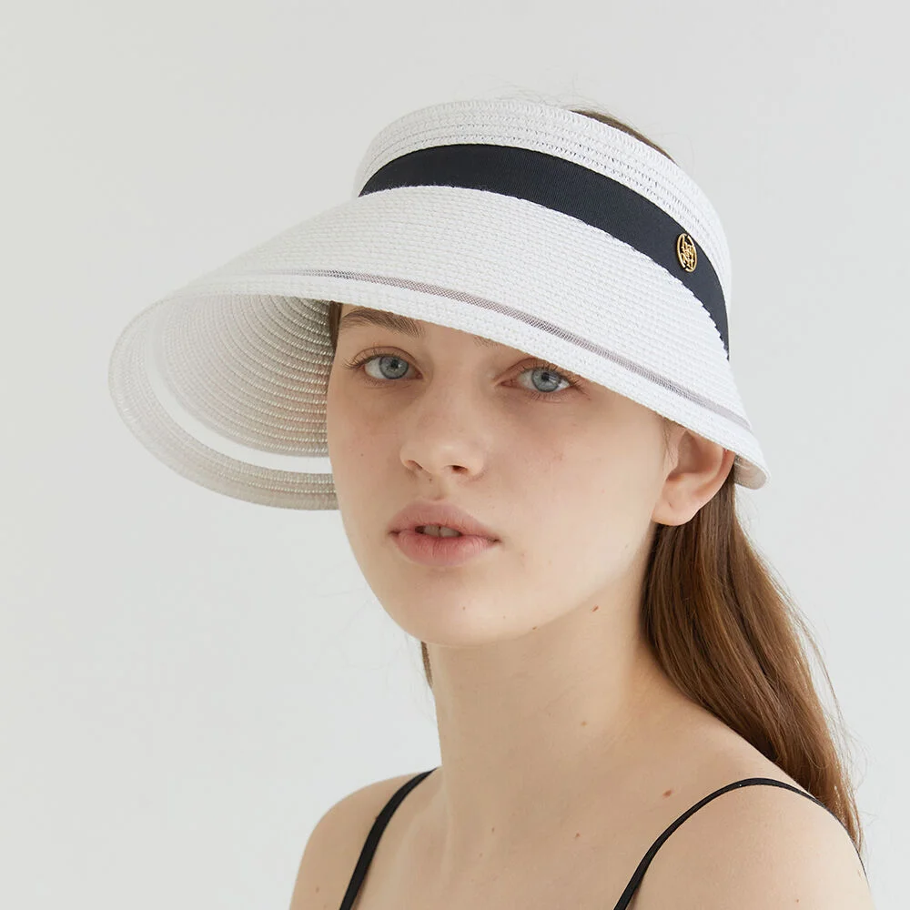 mesh ribbon logo pendant raffia sun visor (C008_white)