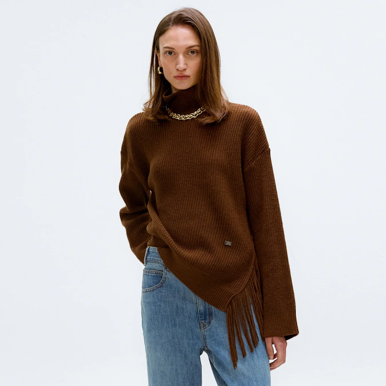 FRINGE HIGHNECK KNIT PULLOVER_BROWN