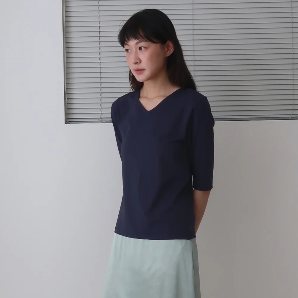 V-NECK MID SLEEVE T-SHIRT_NAVY