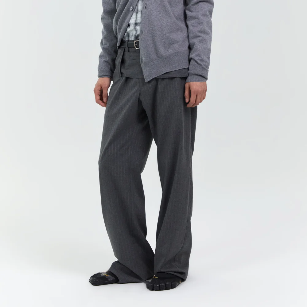 MENS BELTED POCKET TROUSER GREY (STRIPE)