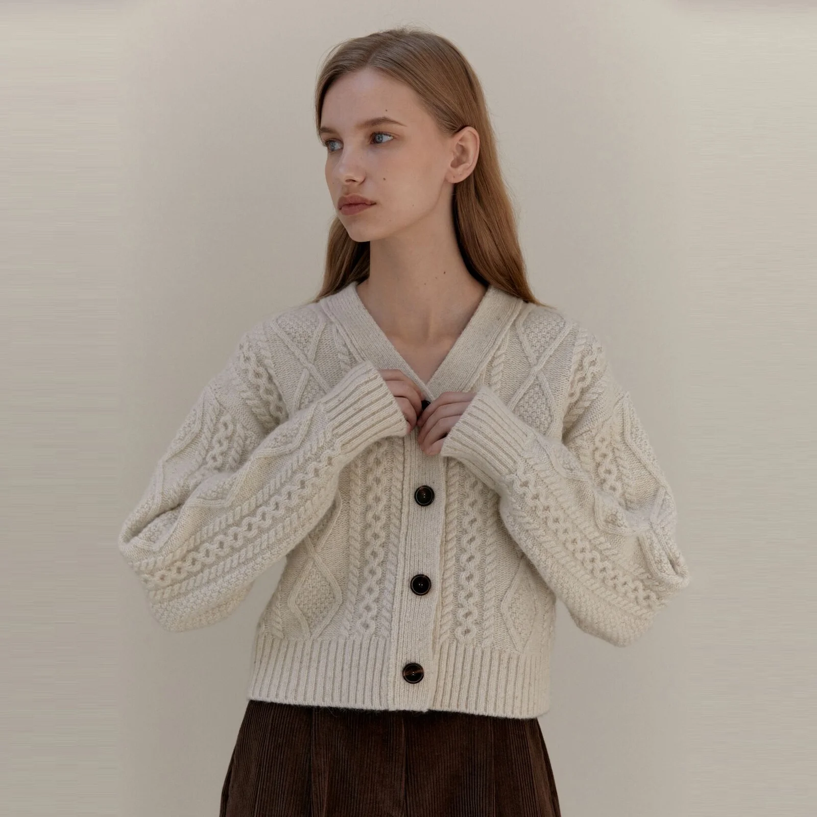 CABLE WOOL KNIT CARDIGAN CREAM OATMEAL