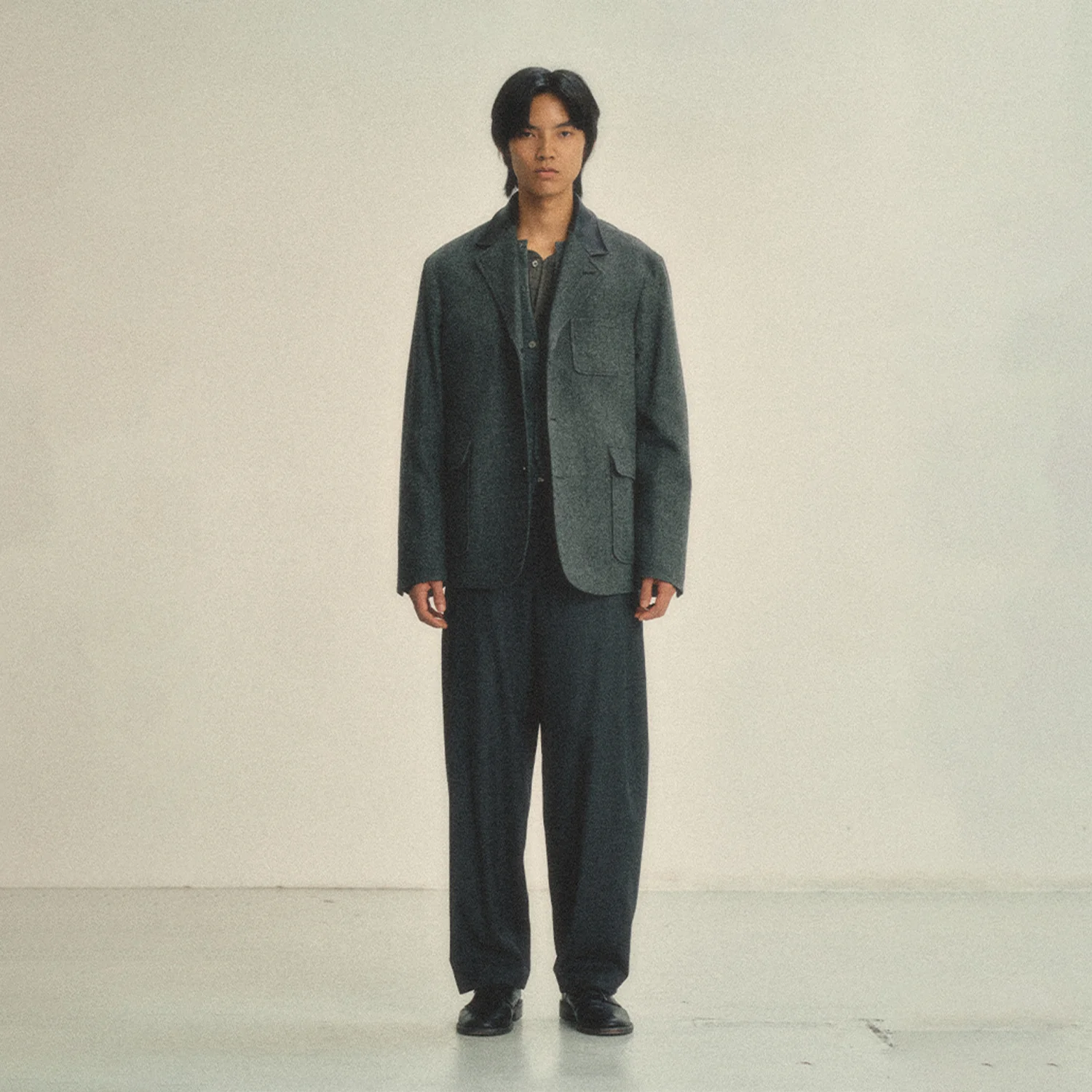 Leather Collar Wool Blazer_ Japan Fabric_ Charcoal