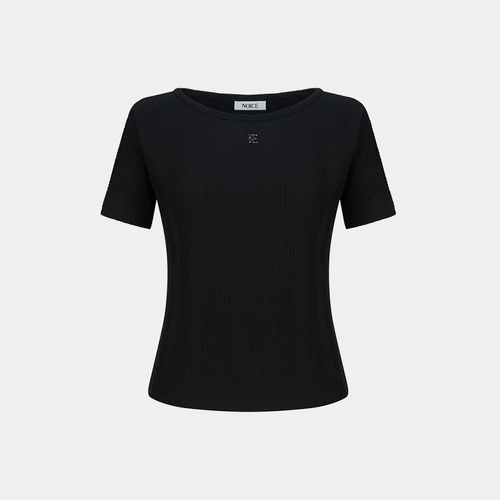 (W) BOAT-NECK LOGO RIBBED T-SHIRT - BLACK