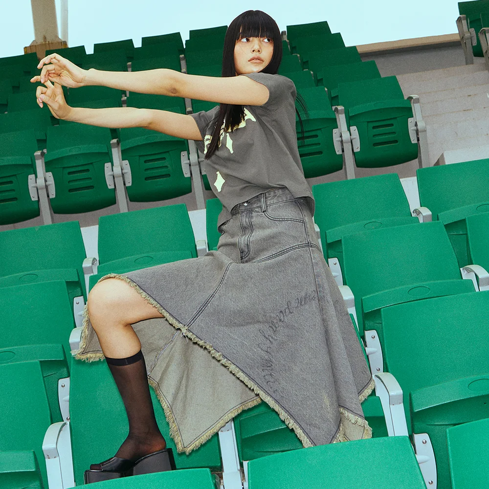 DENIM UNBALANCED MIDI SKIRT OLIVE