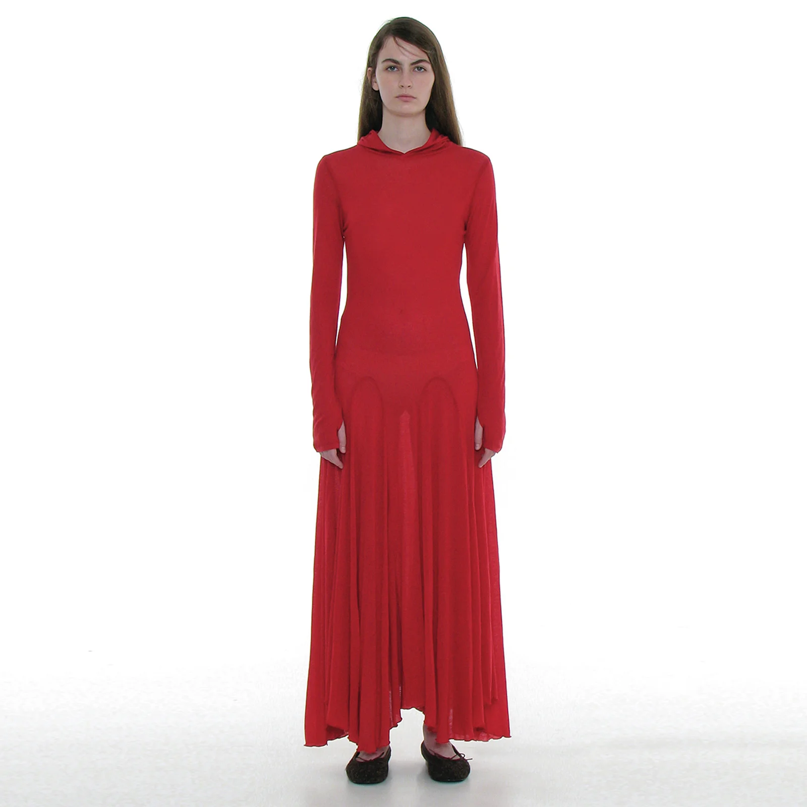 SHEER LAYERED HOODIE FLARE DRESS_RED