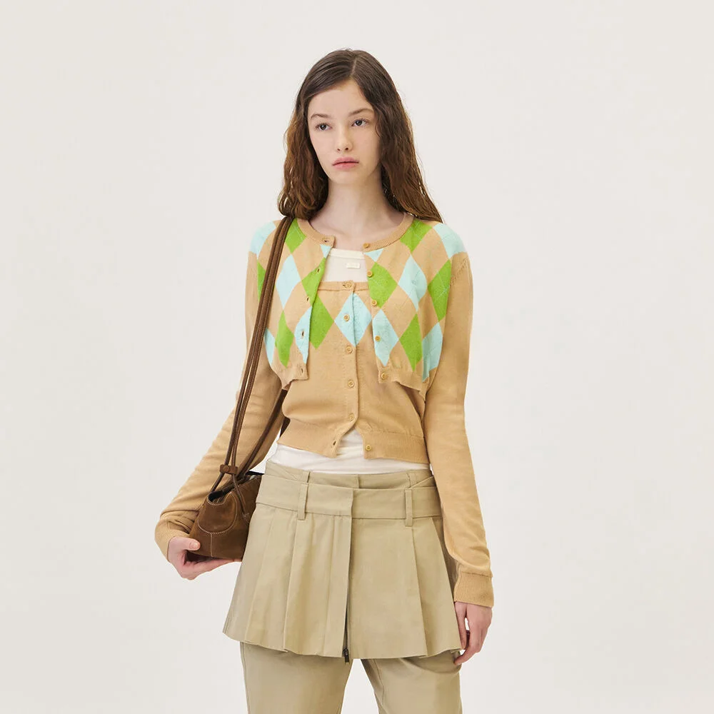 VENI ARGYLE CROP CARDIGAN (BEIGE)