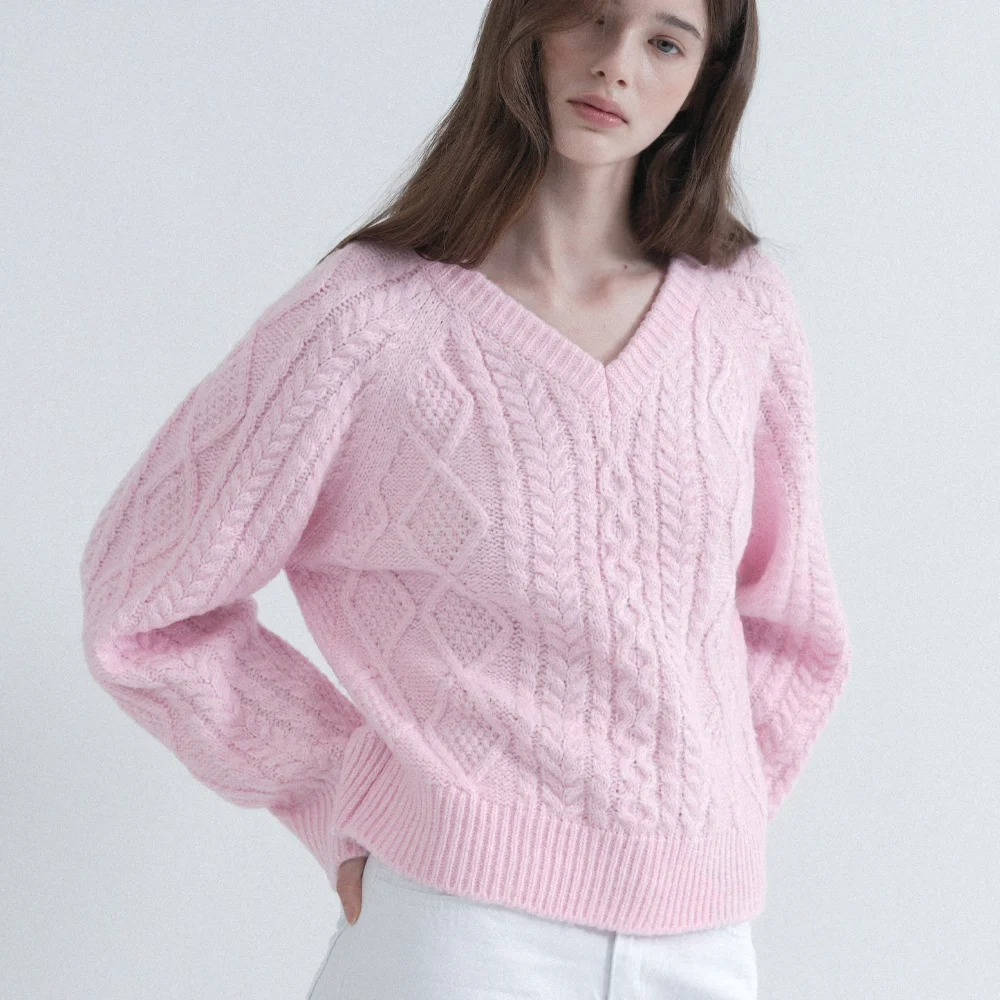 Twist V-Neck Loose Fit Knit (pink)