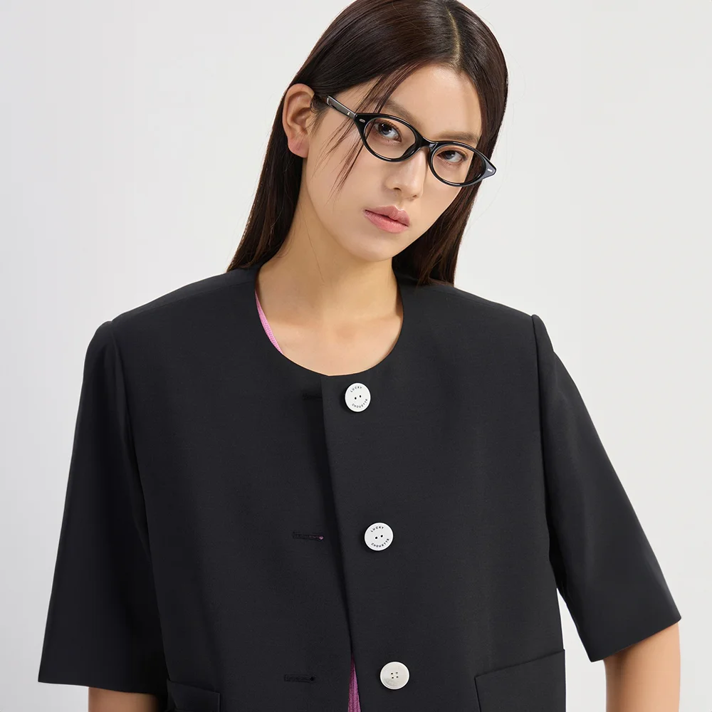 Round Neck Ribbon Point Short Sleeve Jacket (black) LFJAM26410BKX