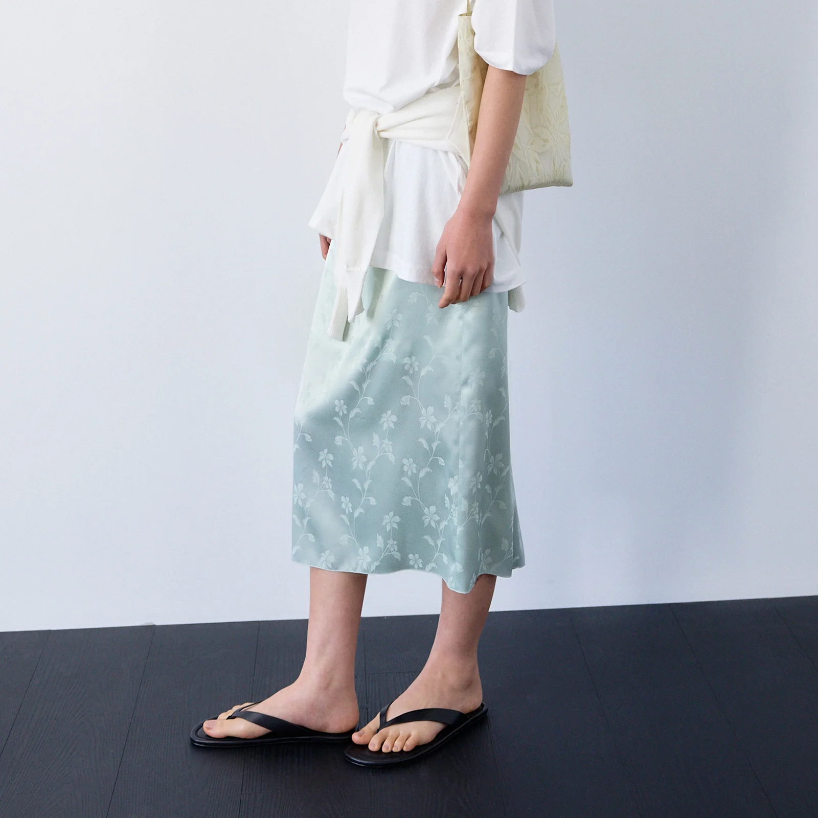 Flower Silky Midi Skirt-Light Green