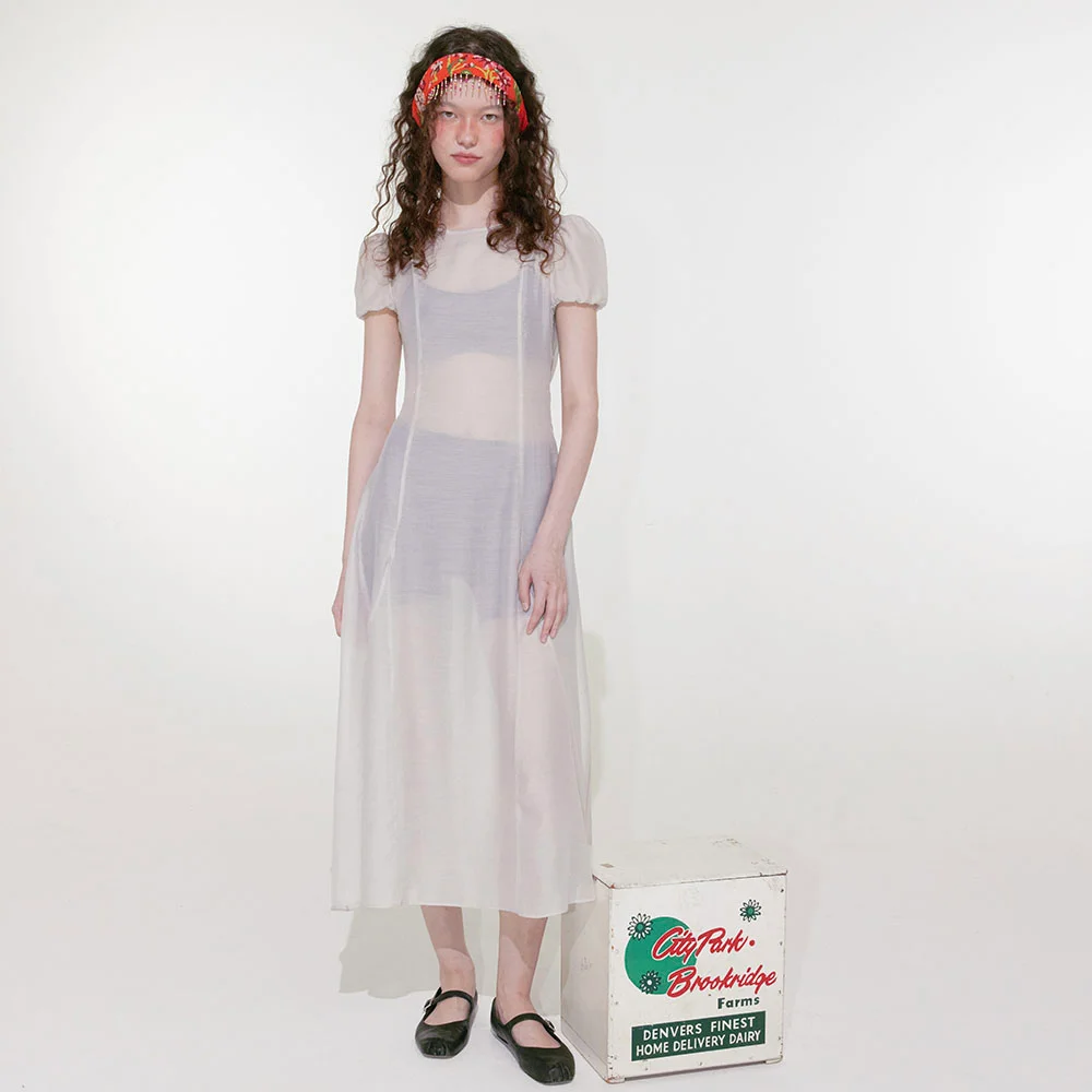 Sheer Puff Long Dress (Light Gray)