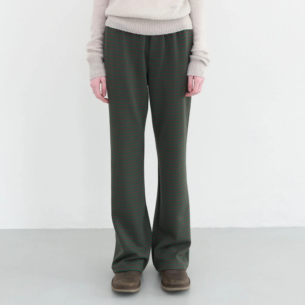 柔和 條紋 鬆緊帶 靴型 褲子 (Deep Green)