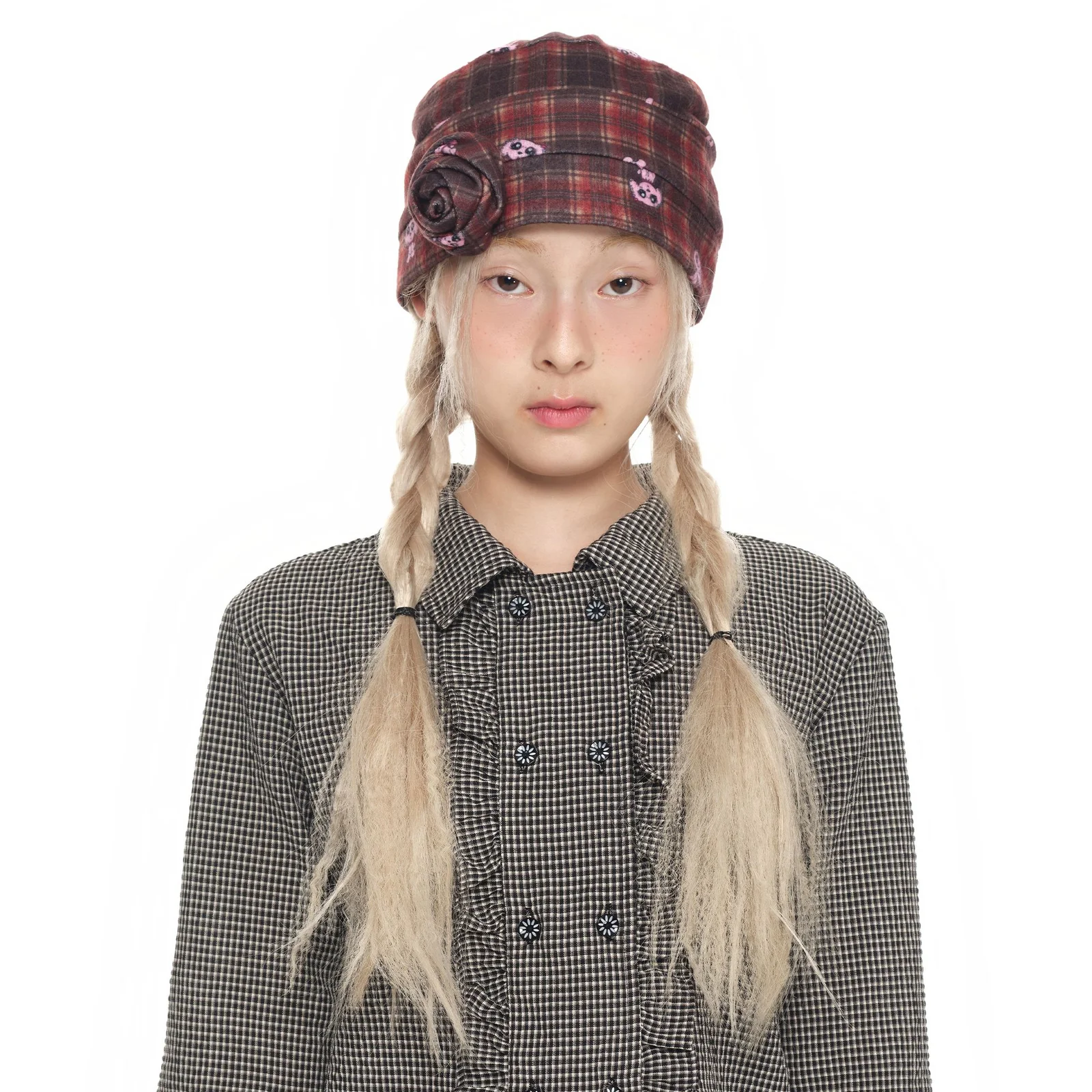 Corsage Checked Beanie_brown