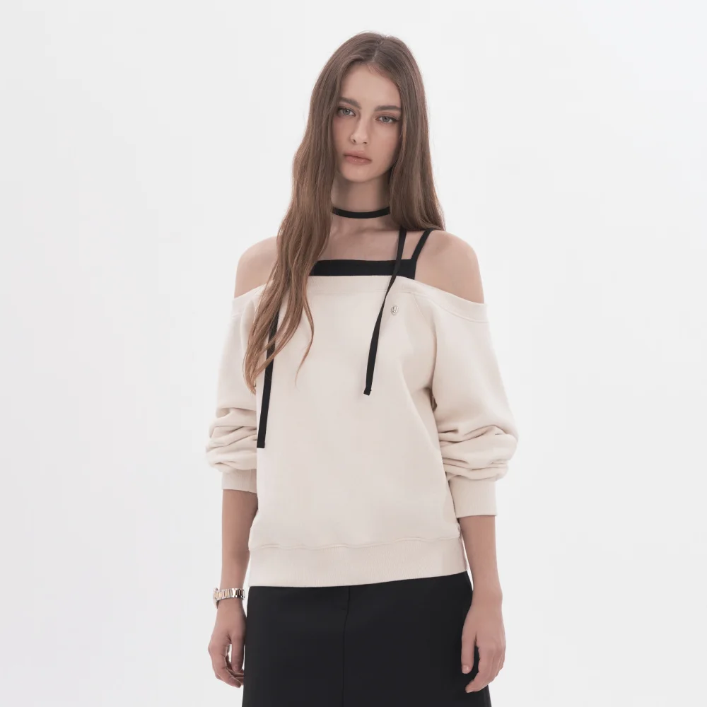 Rhea String Off Shoulder Sweatshirt - Cream