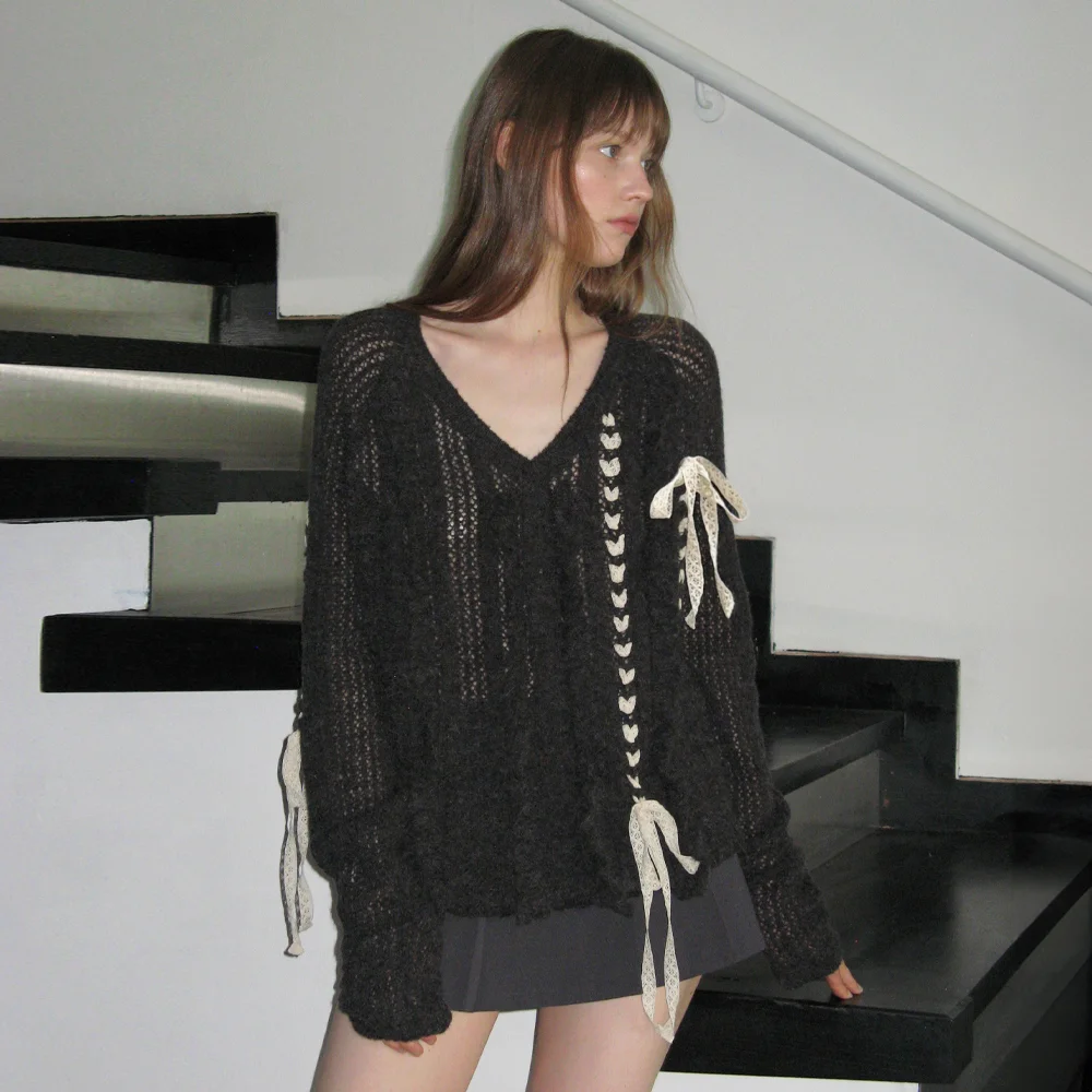 Crochet Ribbon Tie V-Neck Pullover (Charcoal Grey)