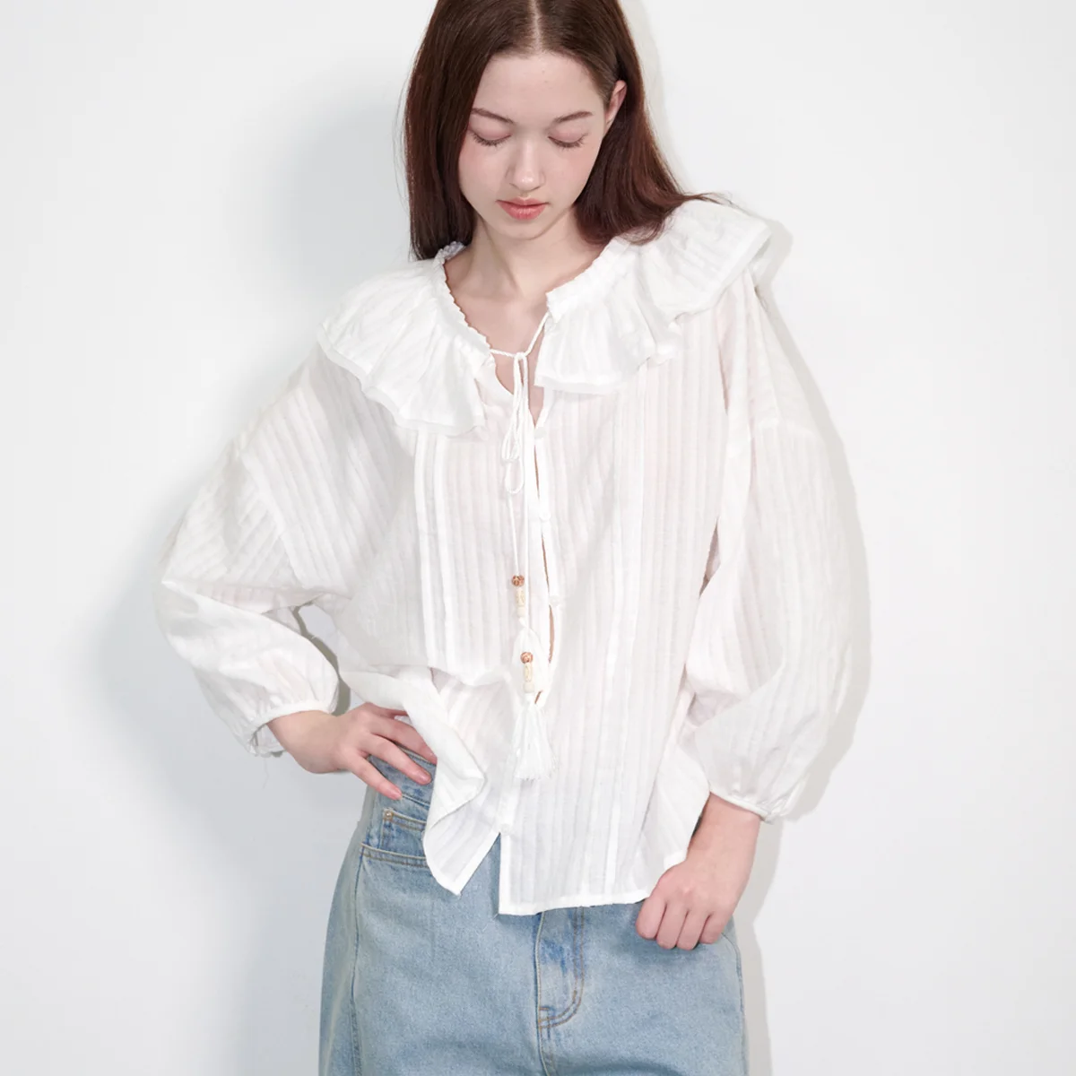 Ruffle Collar Bohemian Cotton Blouse White