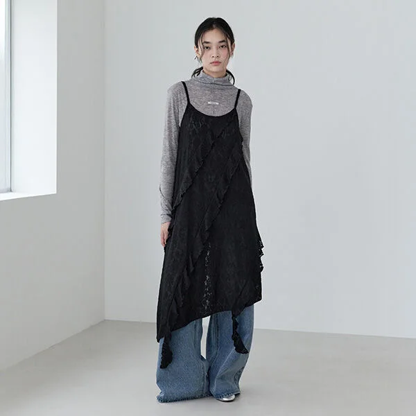 LACE RUFFLE SLEEVELESS ONEPIECE BLACK