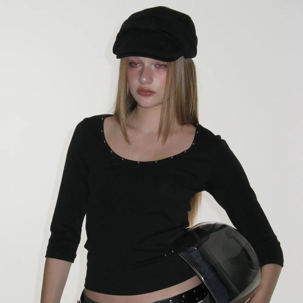 STUD U-NECK TOP_BLACK