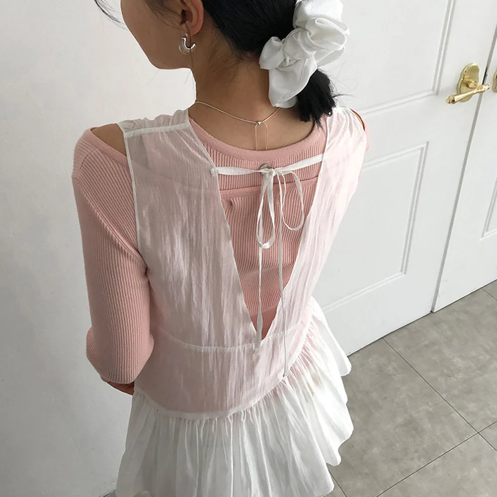Shirring line layered chiffon bustier - white