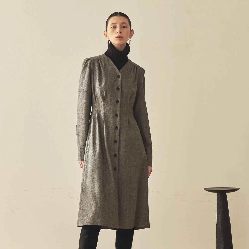 V-NECK WOOL SHIRT DRESS_GREY
