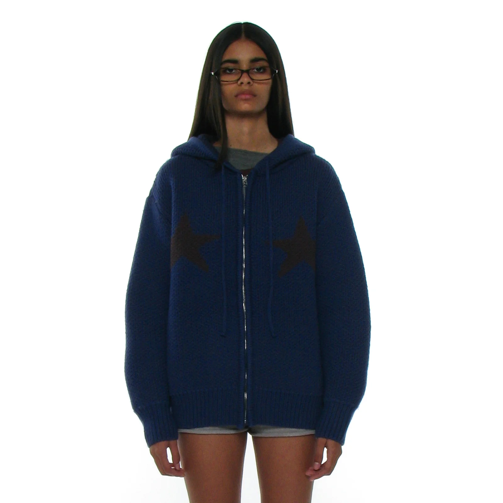 HOODED STAR KNIT ZIP-UP CARDIGAN_BLUE