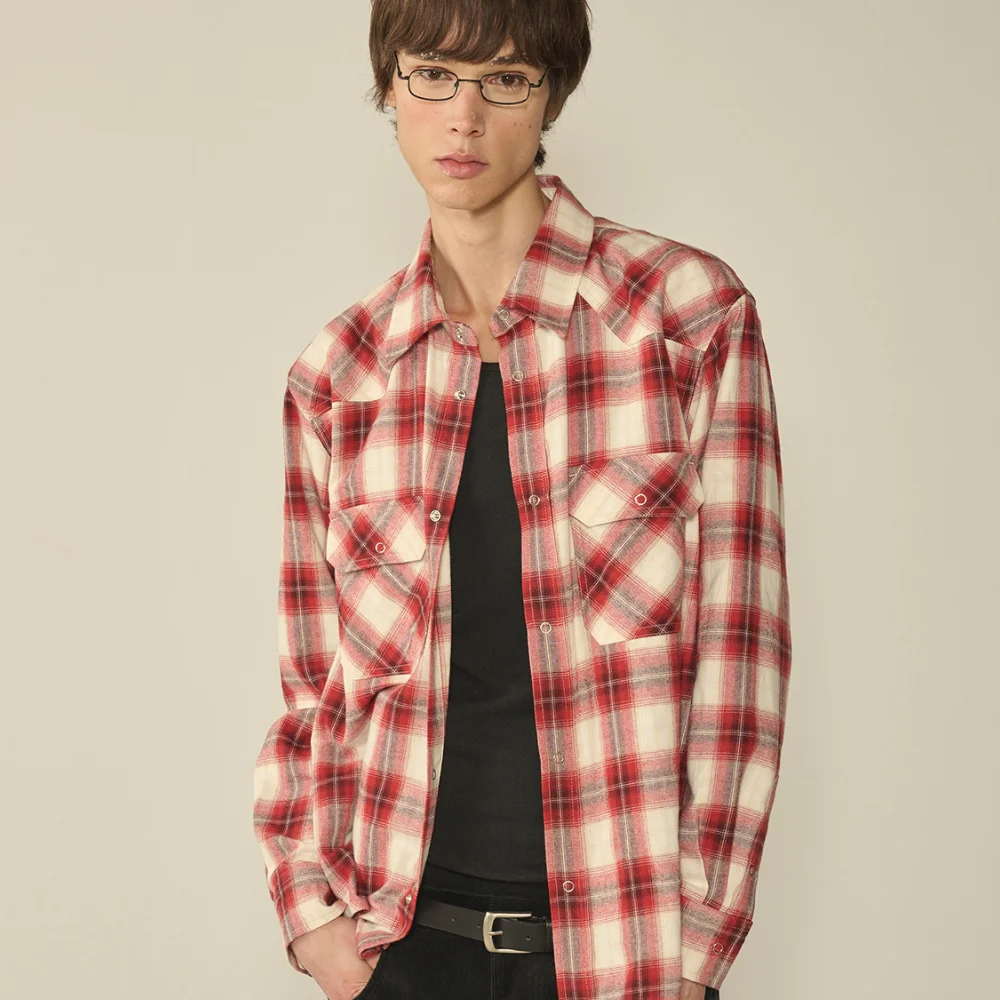 Ombre Checked Western Shirt_Red