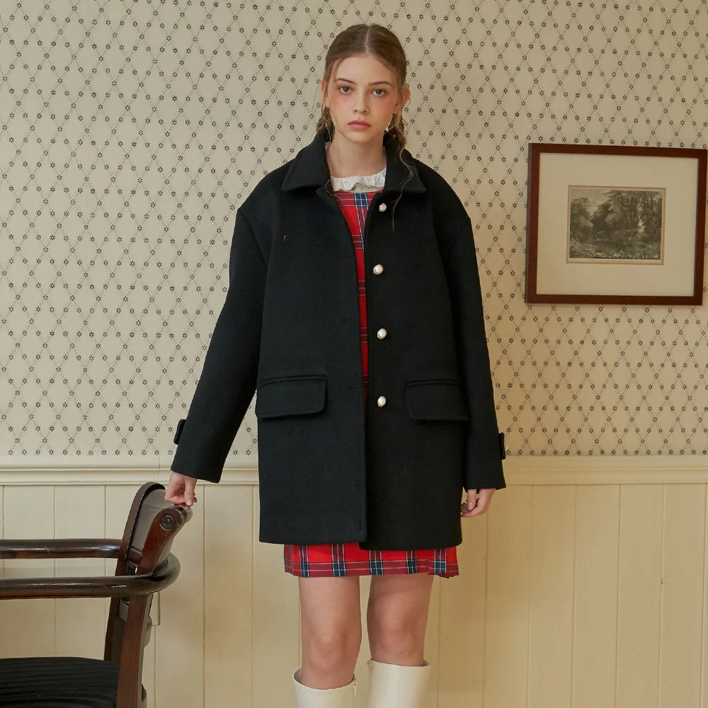 BLACK WOOL HALF COAT