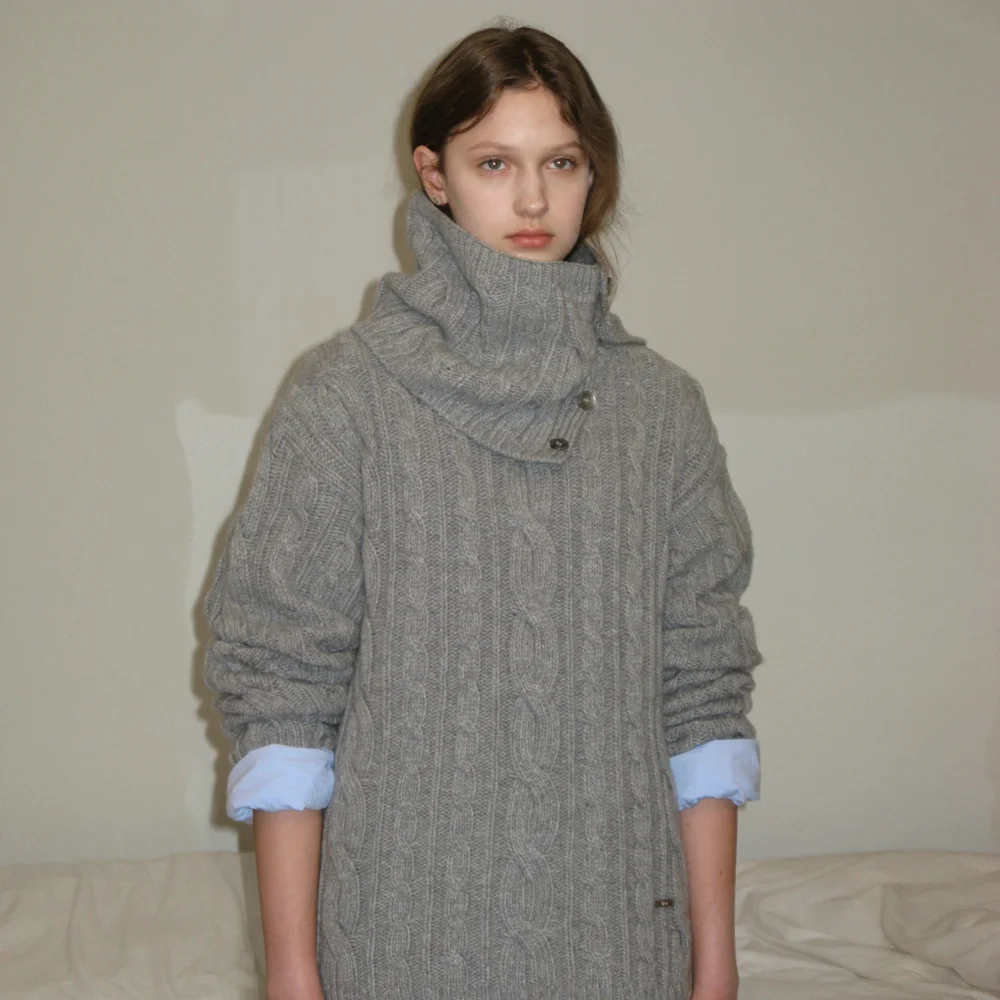 Two-Way Cable Turtleneck Knit (Melange Grey)