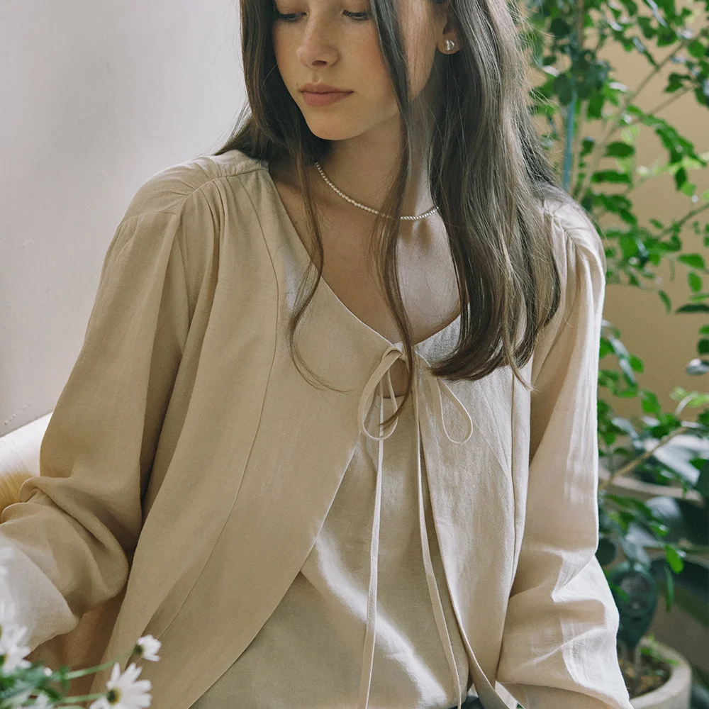 Linen Shirring Cardigan - Beige