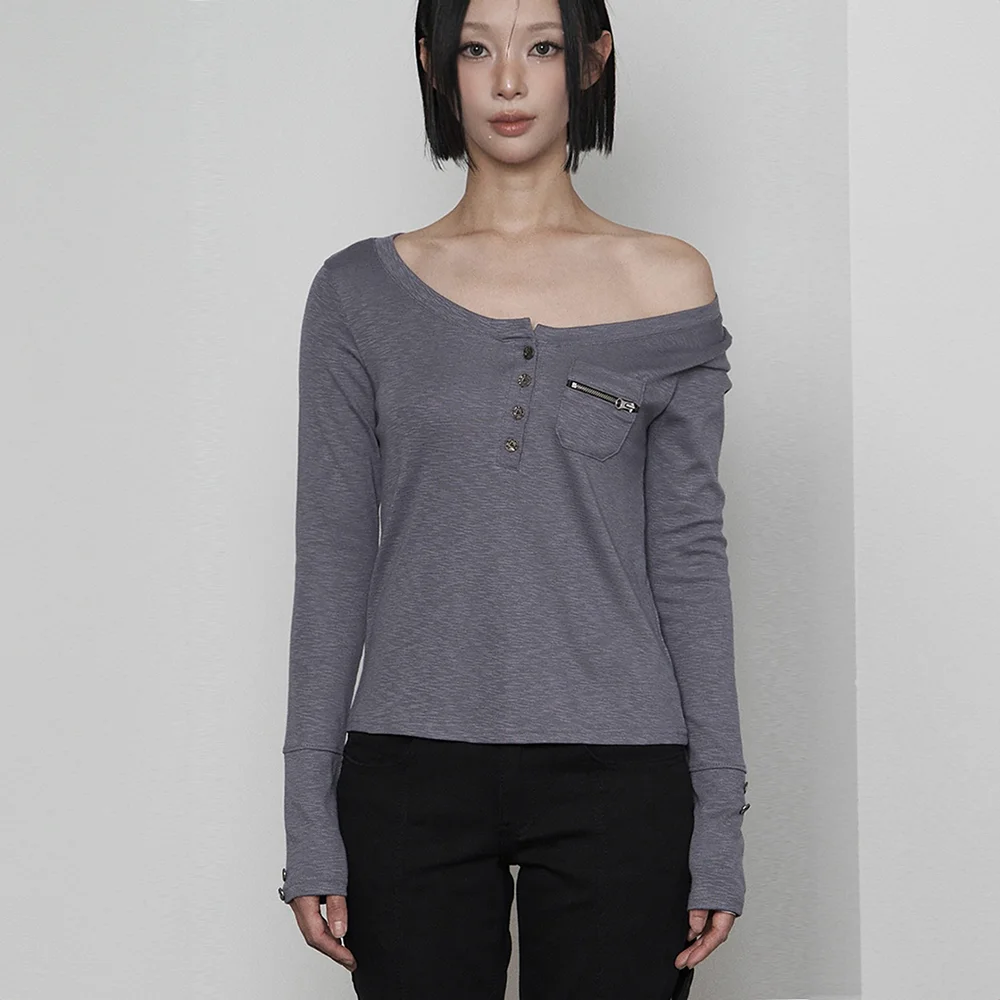 Henley neck Button Pocket Long sleeve (DARK BLUE)