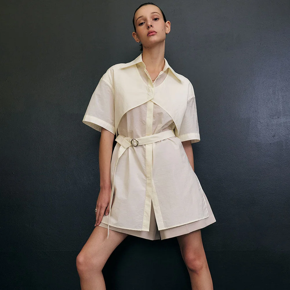 Nylon-blend Cape Layered long Shirt (Ivory)