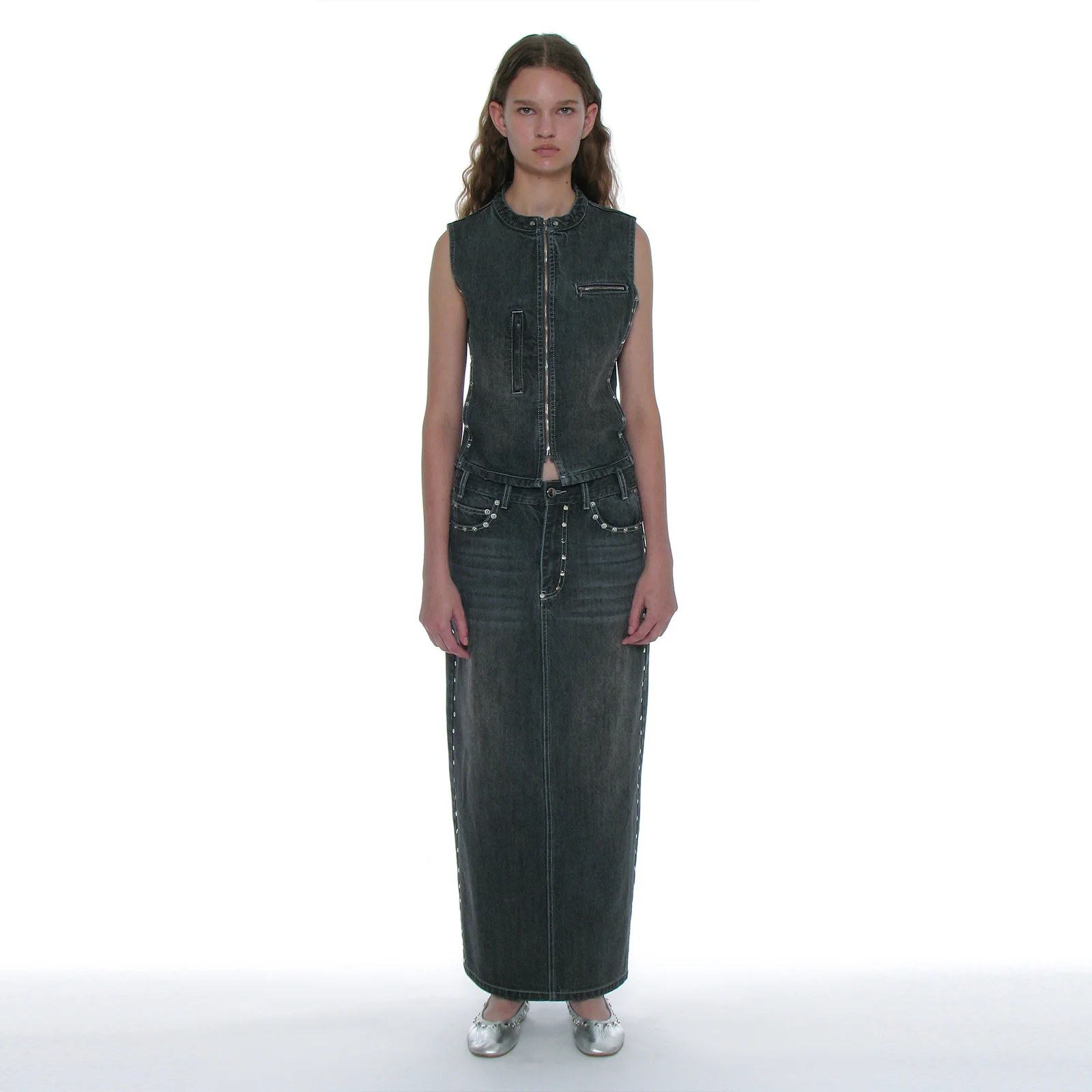 STUDED DENIM MAXI SKIRT_GREY
