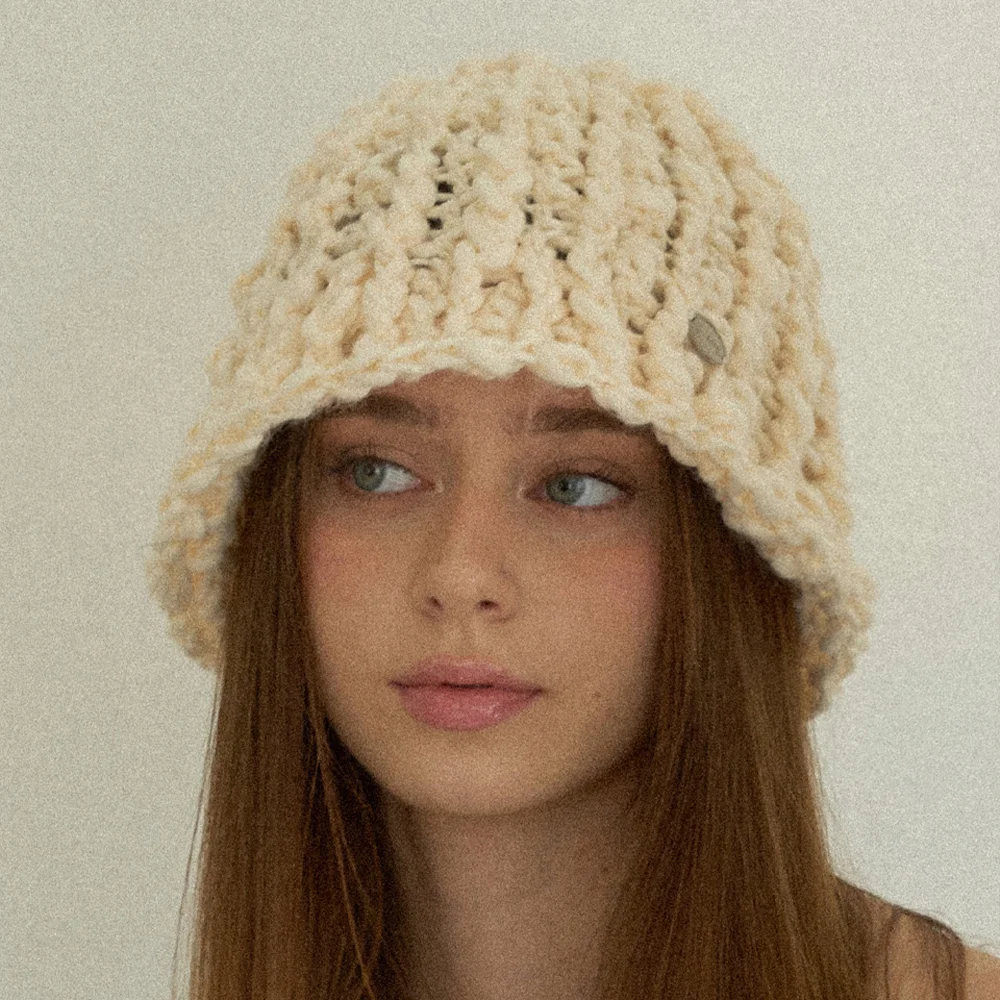 Sleeve Handmade Crochet Knit Wool Bucket Hat _ Cream