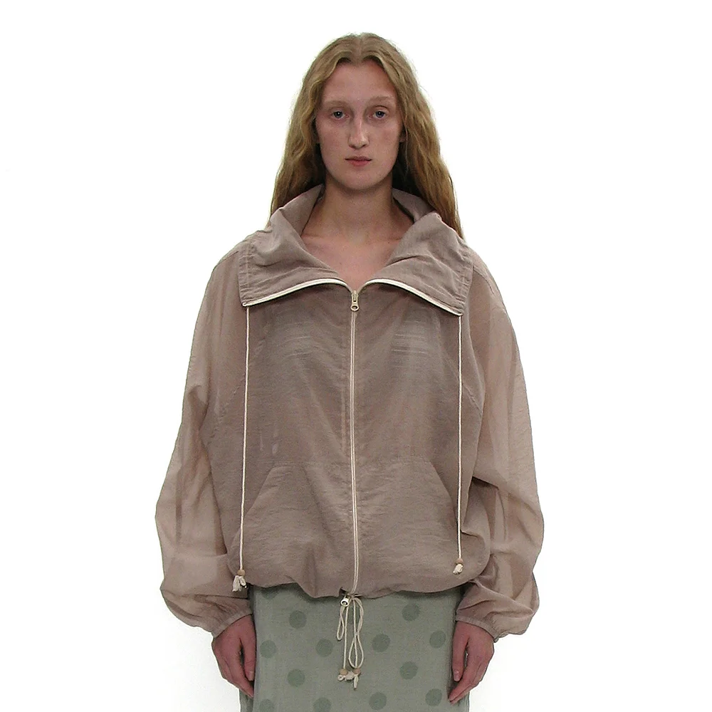 SHEER HIGH-NECK ZIP-UP JACKET_MOCHA BEIGE