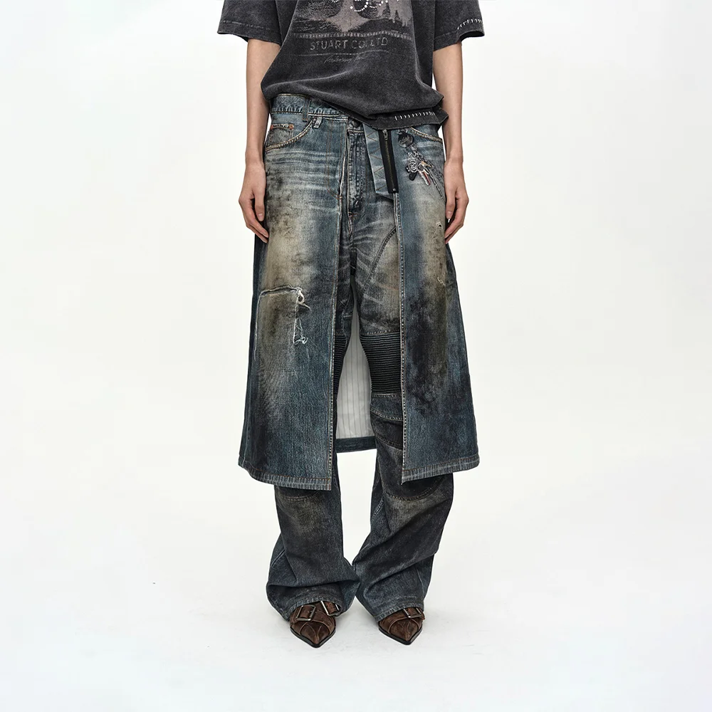 DENIM TROMPE-LOEIL GRAPHIC WRAP SKIRT apa918w(MID BLUE)