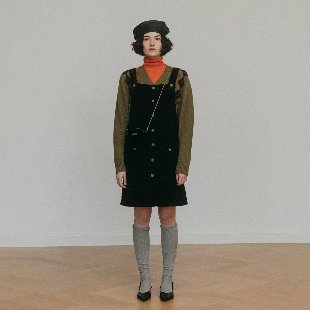 Corduroy Suspender Dress (Black)