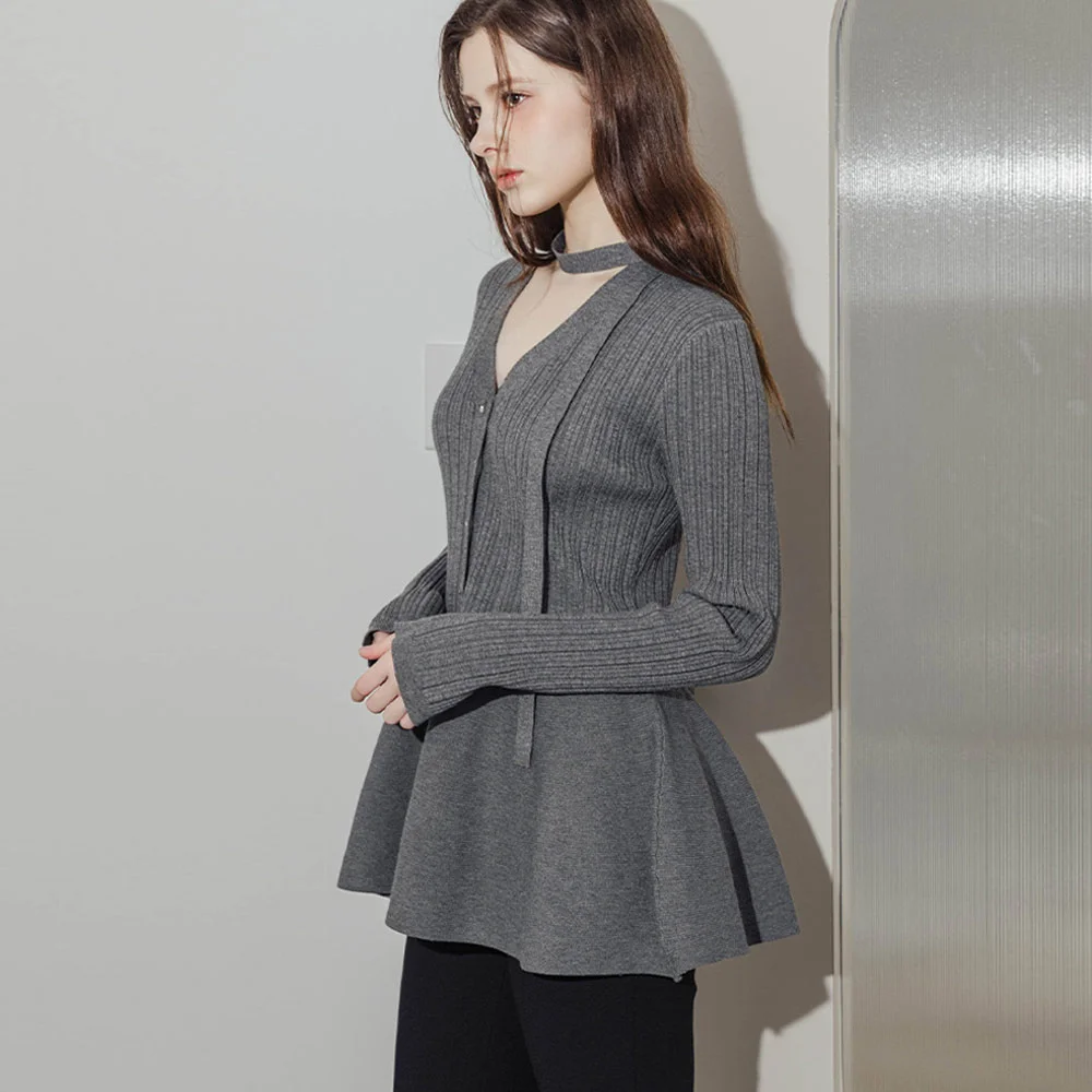 Flared V Neck Knit Gray Cardigan