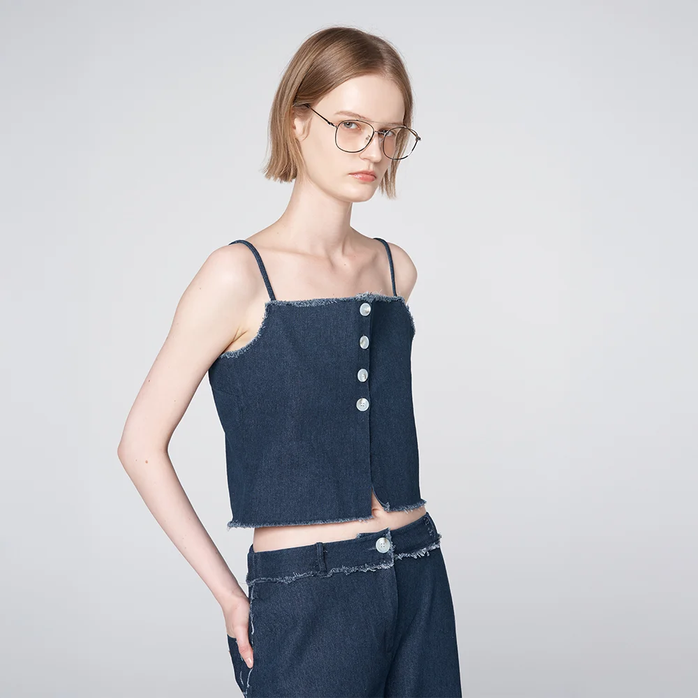 Reversible Button Denim Crop Sleeveless Top Deep blue