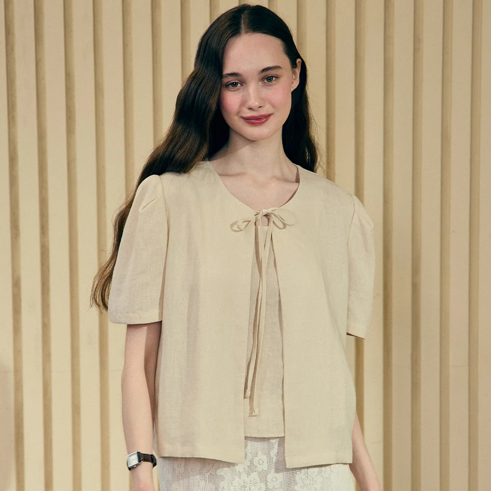 Linen Half Sleeve Cardigan - Light Beige